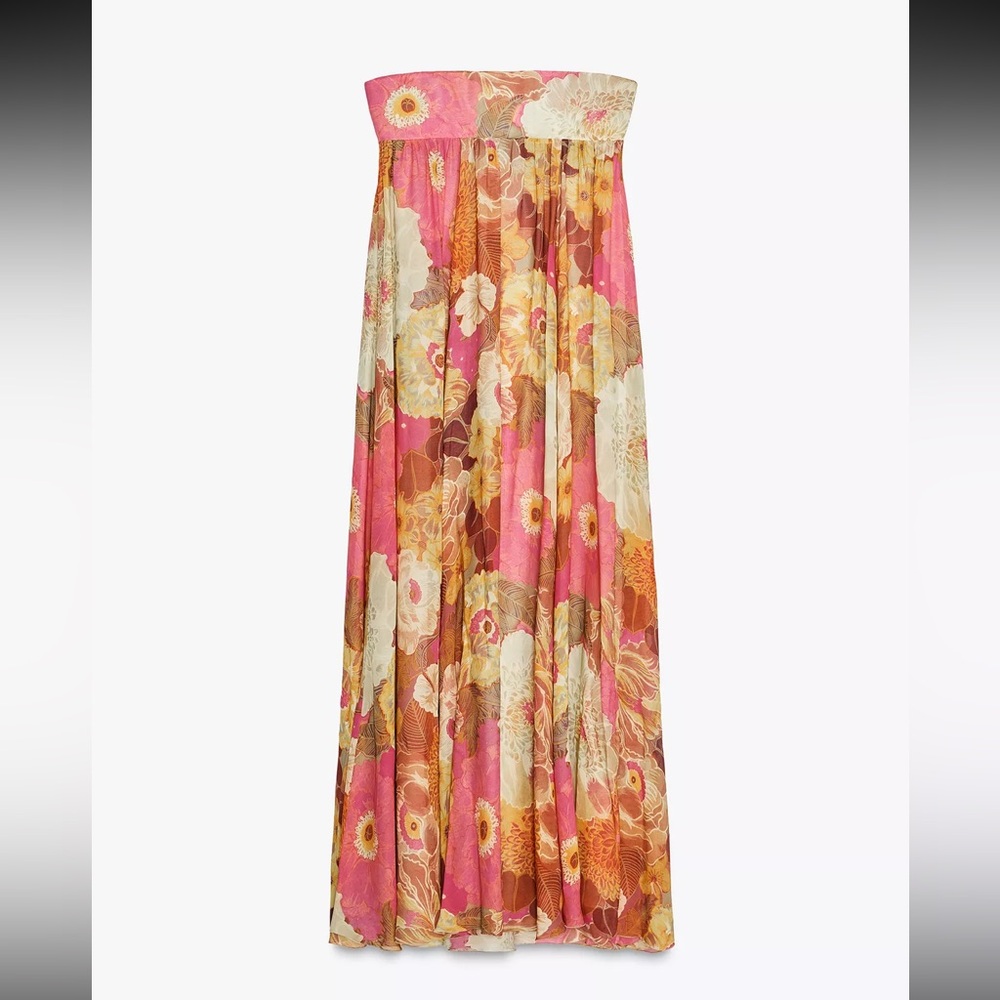 Zara Strapless Floral Dress - Pink, Orange, Cream
